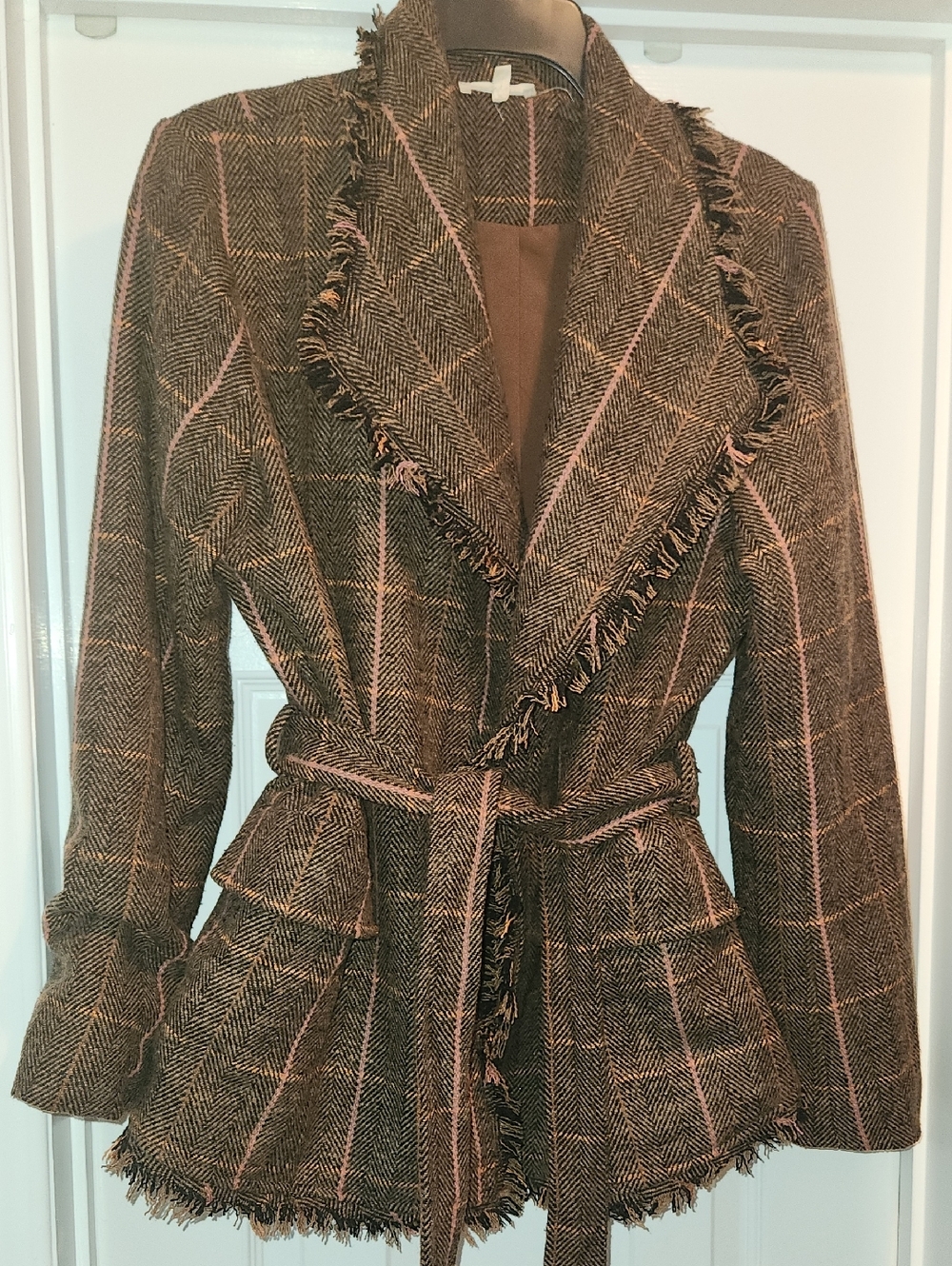 Fringed Belted Tweed Jacket - Brown with Pink Size Large